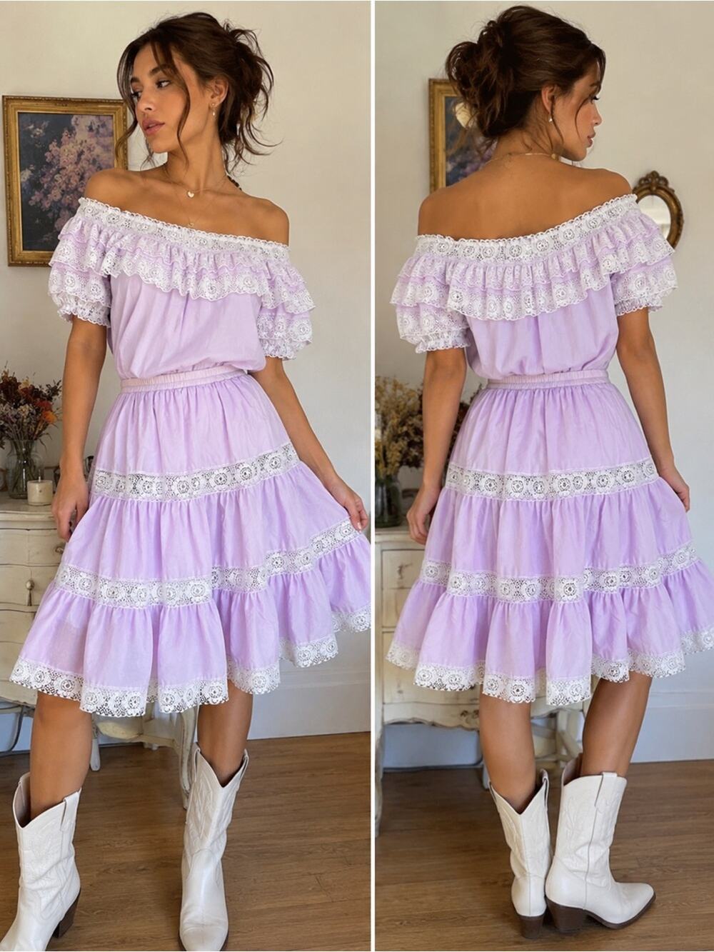 Vintage Square Up Fashions Prairie Skirt Set USA Cottagecore Western Lace Size L